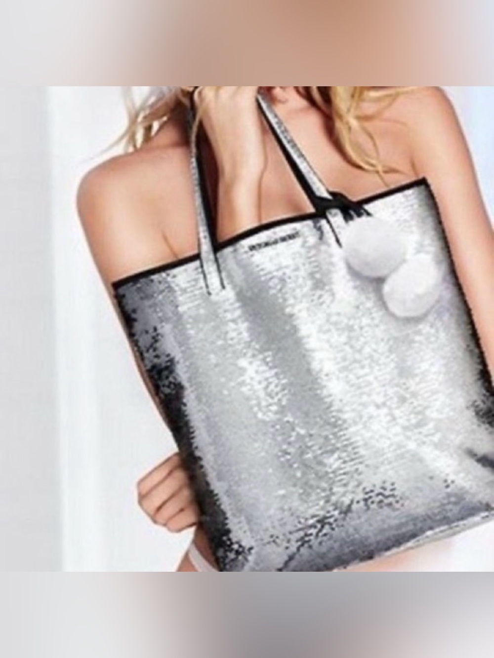 🩷 Victoria’s Secret Silver Sequin Glam Tote Bag NWOT Oversized Sparkle Carryall